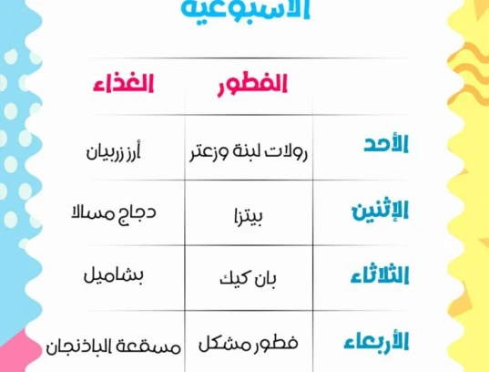 جدول الوجبات الأسبوعية